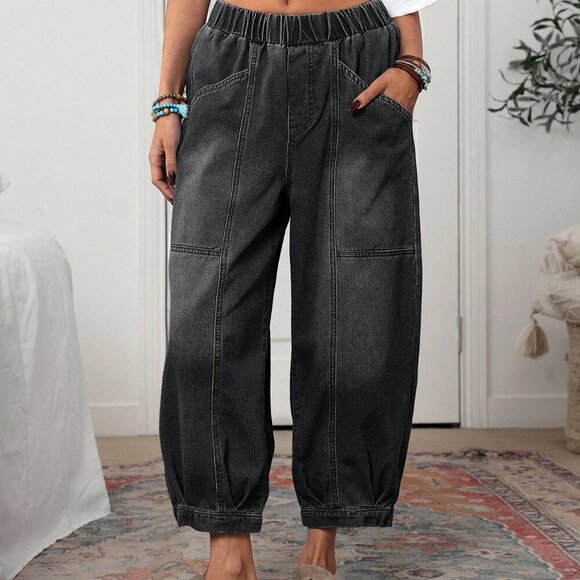 Black Casual Women's Pocket Tapered Loose Jeans - Picture 5 of 6